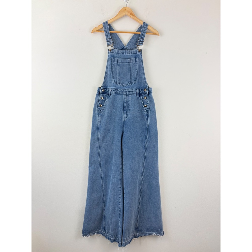 Listicle Women M Light Wash Wide Leg Denim Overalls Raw Hem Frayed Blue Boho Y2K